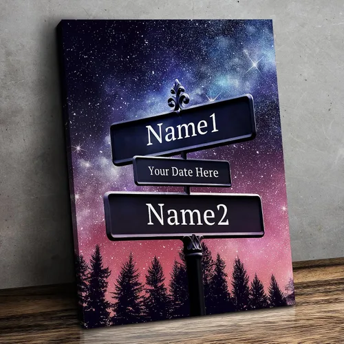 Vista 72 de CP CANVASPATH Letrero de calle con el nombre de la pareja y la fecha, impresiones personalizadas en lienzo del puente de Manhattan por la noche
