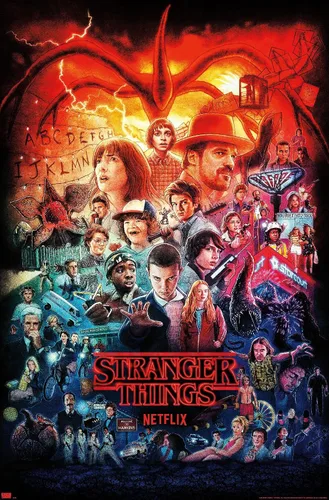 Vista 8 de Netflix Stranger Things - Póster de pared de tres temporadas formato one sheet, 22.4" x 14.7", versión con marco de madera de granero Versión