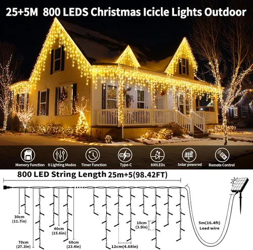 Vista 3 de Luces de carámbano solares para exteriores, 25+5M 800 luces de carámbano de Navidad, 8 modos, luces de cadena decorativas impermeables