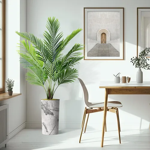 Vista 6 de Árbol artificial en macetero con efecto de mármol gris, palmera tropical areca artificial de seda para decoración del hogar en interiores