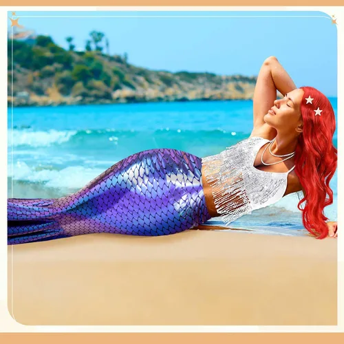 Vista 7 de 8 piezas de disfraz de sirena para mujer, disfraces de Halloween, lentejuelas brillantes, falda de sirena, peluca, vestido de princesa para adultos