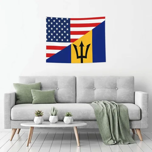 Vista 6 de Tapiz decorativo para pared, diseño de bandera estadounidense y bandera de Barbados, para colgar en la pared, manteles de arte hippie de 29 x 37