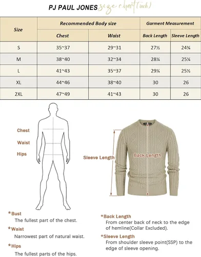 Vista 6 de PJ PAUL JONES Men's Military Pullover Sweater Crewneck Vintage Cable Knit Sweater with Suede Patchwork