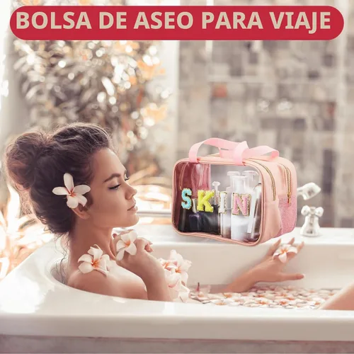 Vista 6 de Geetery Bolsa de maquillaje transparente de doble capa con parche de letras de chenilla, con asa práctica, organizador de cosméticos de nailon y PVC