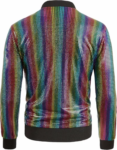 Vista 2 de WULFUL Men's 70s Disco Costume Party Sequin Metallic Varsity Bomber Jacket