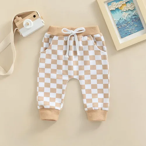 Vista 2 de Pantalones deportivos de algodón con estampado a cuadros para bebés y niñas pequeños