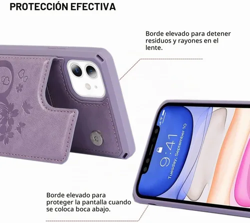 Vista 4 de iCoverCase Funda compatible con iPhone 11 con tarjetero para mujer, bloqueo RFID en relieve, piel sintética con correa de muñeca de 6.1 pulgadas