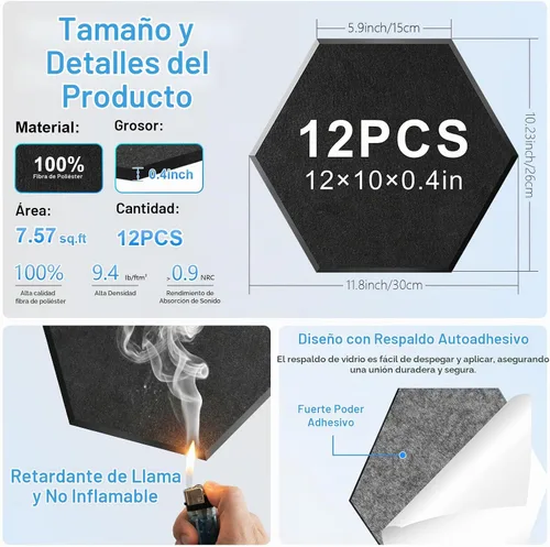 Vista 2 de Paquete de 12 paneles acústicos hexagonales, paneles autoadhesivos para amortiguar el sonido, paneles de espuma a prueba de sonido para paredes Negro