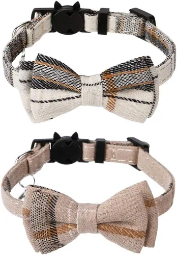 Vista 17 de Faleela Juego de 2 collares de gato con corbata de moño y campana, collar de camisa a cuadros para gatito ajustable de seguridad