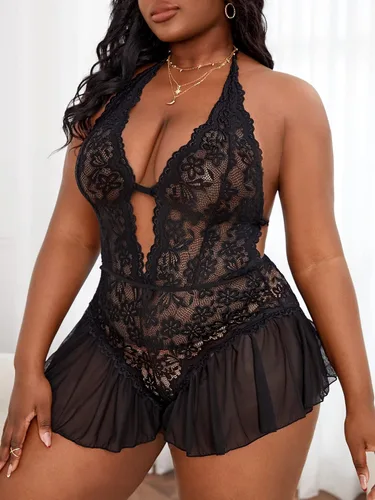 Vista 5 de OYOANGLE Body de encaje para mujer, talla grande, con abertura en la espalda, estilo halter