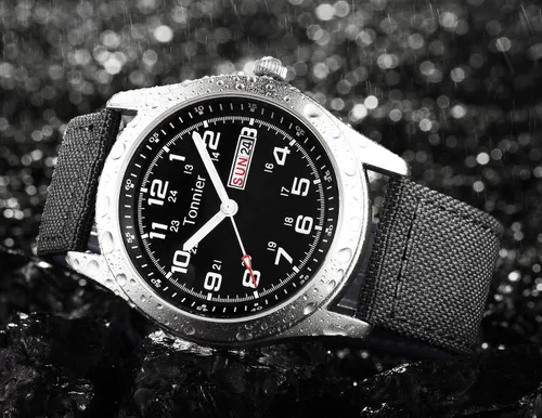 Vista 4 de Tonnier Reloj analógico para hombre con correa de lona y calendario, para hombre