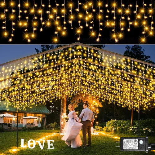Vista 18 de Luces de carámbano para exteriores, 16.5 pies, 200 luces LED de Navidad para exteriores, impermeables, 8 modos de enchufe, cortina de luz conectable