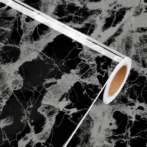 Vista 8 de Papel de contacto de mármol blanco y negro brillante para cocina, baño, papel tapiz de granito brillante, despegar y pegar, encimeras, papel