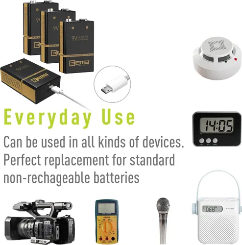 Vista 3 de EEMB Paquete de 4 baterías recargables de 9 V de iones de litio con cable de carga USB, batería de iones de litio 6F22 para alarma de humo, teclado