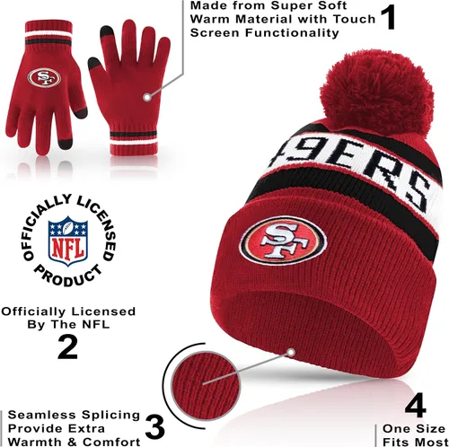 Vista 4 de Ultra Game Gorro de punto de invierno oficial de la NFL para jóvenes, súper suave, con guantes extra cálidos para pantalla táctil Color del equipo 1
