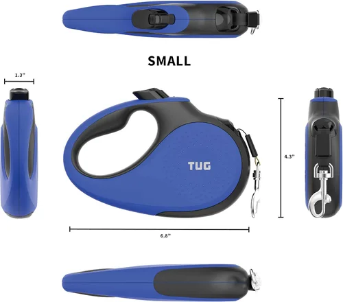 Vista 3 de TUG Correa retráctil para perro de 360° sin enredos con dispensador de bolsas de basura (pequeña, azul)