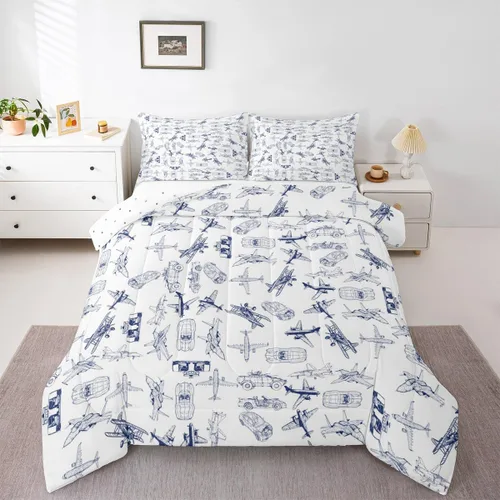 Vista 4 de Feelyou Juego de ropa de cama con estampado de aviones para niños y niñas, juego de funda de edredón de microfibra estilo boceto azul y blanco