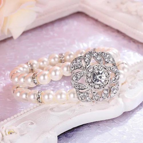 Vista 5 de BriLove Pulsera elástica vintage con halo de doble hilera de perlas de imitación de cristal para boda para mujer