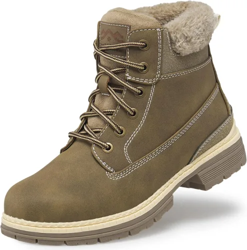 Vista 12 de Botas de invierno para senderismo en la nieve para mujer, botas de trabajo de combate marrones casuales, botas de tobillo antideslizantes con forro