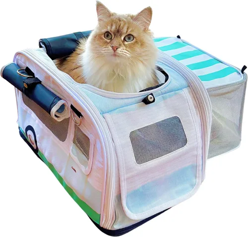 Vista 13 de Kittyrama Transportador para gatos aprobado por aerolíneas de lados suaves con escondite expandible Cremalleras autobloqueantes SBS a prueba