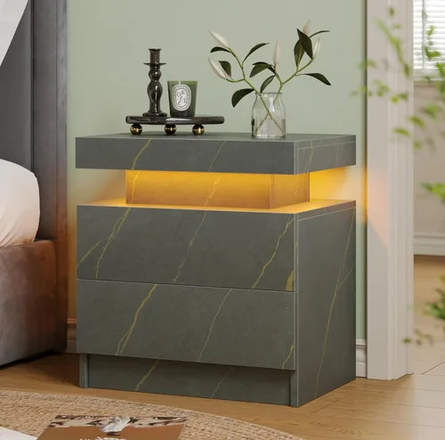 Vista 11 de Mesita de noche LED negra moderna con 2 cajones para mesa auxiliar de dormitorio