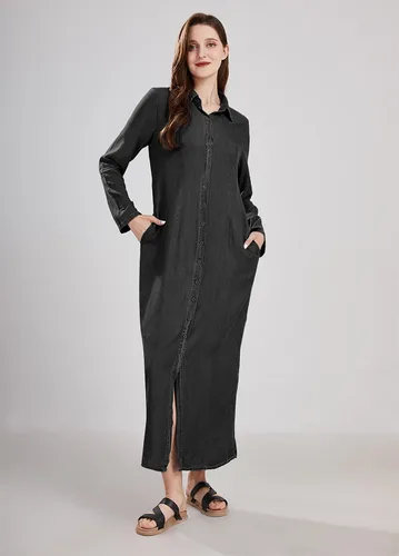 Vista 17 de utcoco Vestido largo casual de mezclilla con botones para mujer, con solapa, manga larga, con bolsillos
