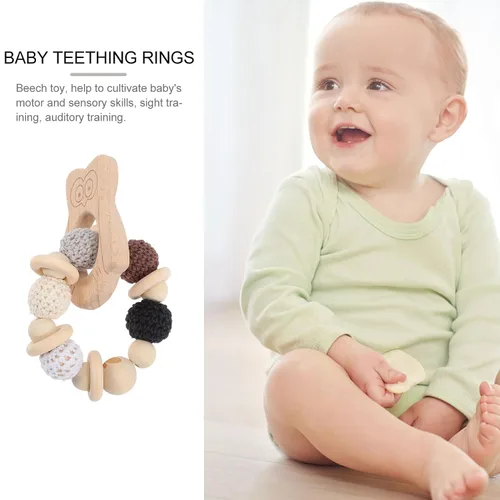 Vista 3 de Anillo de dentición de búho de haya, actividad, sonajero sensorial para desarrollo de agarre, relajante, masticable, flexible, dentición de madera