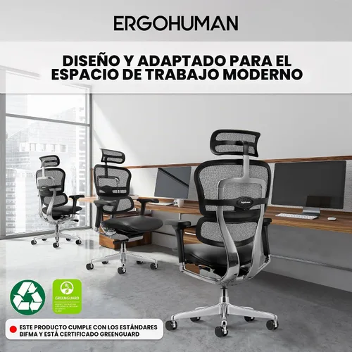 Vista 6 de Ergohuman Eurotech LEM4ERG - Silla de oficina ejecutiva de malla con respaldo alto con asiento de cuero, control de tensión de inclinación, bloqueo