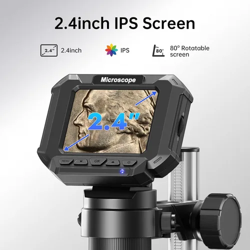Vista 2 de Microscopio Digital de 2.4 Pulgadas - Hasta 1000X de Magnificación, Pantalla Recargable, Anillo de Luz LED de 8 Luces, Foto y Video, Conexión USB