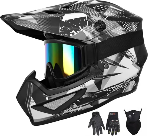 Vista 8 de Casco para jóvenes y niños de motocross, casco para adultos de ATV y bicicleta de tierra con gafas, guantes y máscara, casco de motocicleta de cara