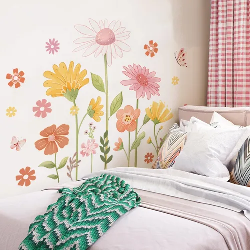 Vista 2 de Calcomanías de pared de flores bohemias, calcomanías de pared de margaritas y mariposas, PVC impermeable, autoadhesivas, arte floral, retro, se