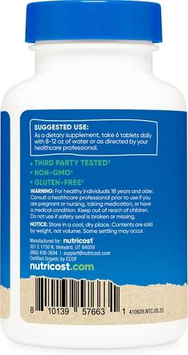Vista 4 de Nutricost Espirulina orgánica + clorella (3,000 mg) 180 tabletas - USDA Organic, 1,500 mg de espirulina, 1,500 mg de clorella, vegano, sin OMG, sin