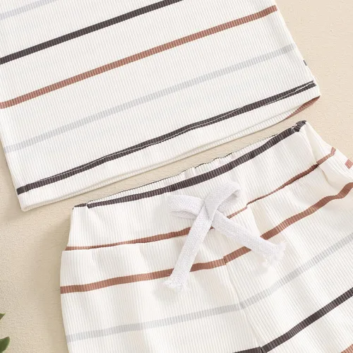 Vista 76 de Ropa de bebé niño sin mangas + pantalones cortos con estampado a rayas con bolsillos, 2 piezas de trajes de verano
