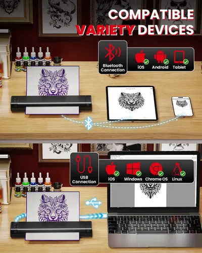 Vista 6 de COLORWING M08F - Impresora inalámbrica portátil de plantillas de tatuajes, máquina térmica sin tinta Bluetooth para plantillas de tatuajes con 10