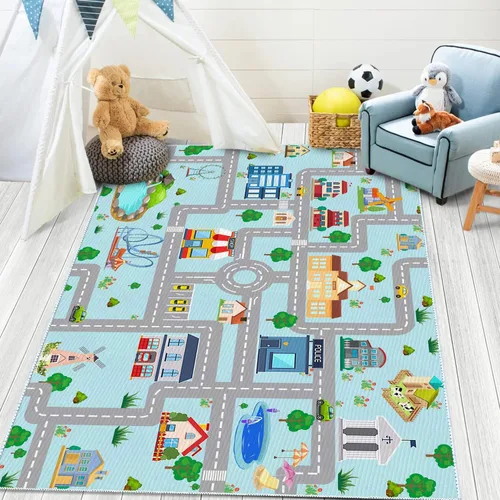 Vista 15 de Alfombra de coche para niños, 2 pies 7 pulgadas x 4 pies, alfombra de juego de tráfico urbano para autos de carreras y juguetes, divertida alfombra