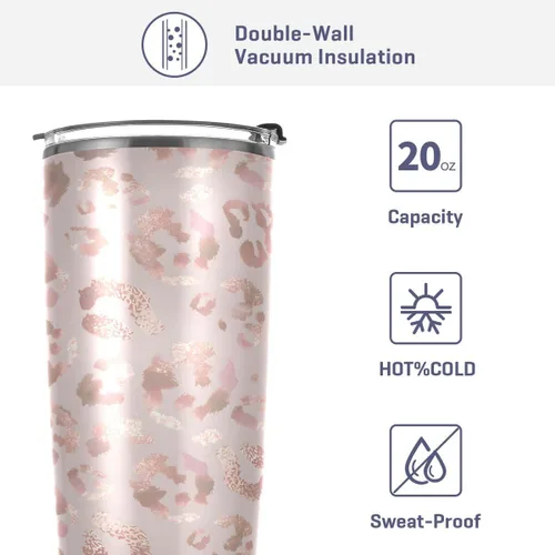 Vista 4 de Vaso de acero inoxidable aislado al vacío de doble pared, simple termo con estampado de leopardo, guepardo, oro rosa, taza de viaje para café