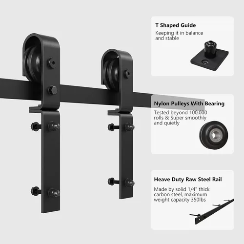 Vista 5 de ROOMTEC Kit de riel de hardware para puerta corrediza de granero biplegable de 2.5 pies, kit de rodillos negros para 2 puertas, forma de J