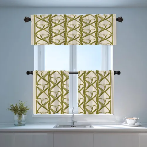 Vista 6 de Shrahala Art Nouveau Floral Pattern Blackout Curtain Tiers, Delicate Vine and Flower Design Kitchen Valance Light Blocking Tier Drapes with Rod