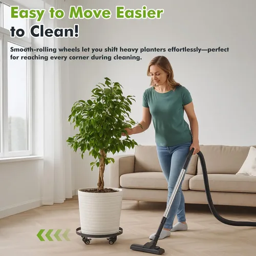Vista 7 de Paquete de 3 posavasos de metal para plantas de 10.6 pulgadas, con ruedas, soporte rodante resistente para plantas con ruedas para interiores y Negro
