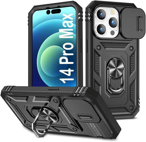 Vista 16 de PASNEW Funda militar para iPhone 13 Pro Max, cubierta de cámara deslizante y soporte de anillo de metal de 360°, carcasa rígida multicapa resistente