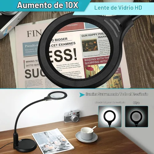 Vista 5 de Lupa 10X con luz y abrazadera, 5 modos de color, lupa iluminada regulable sin escalones con soporte, lámpara de escritorio LED de cuello de cisne