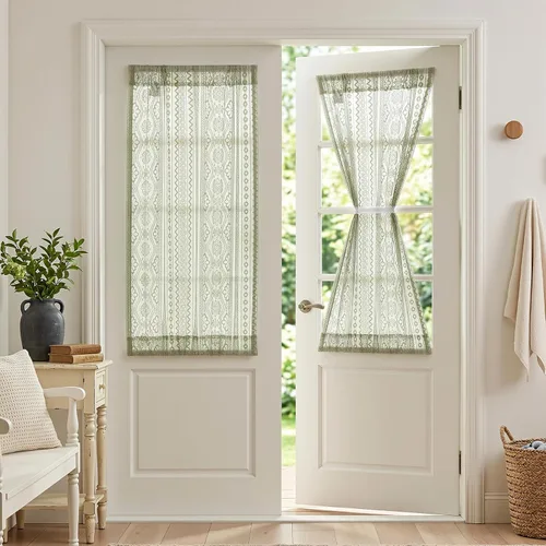 Vista 13 de MYSKY HOME Cortinas de encaje beige para puerta francesa de 40 pulgadas de largo, 2 paneles de cortinas florales bohemias transparentes para puerta