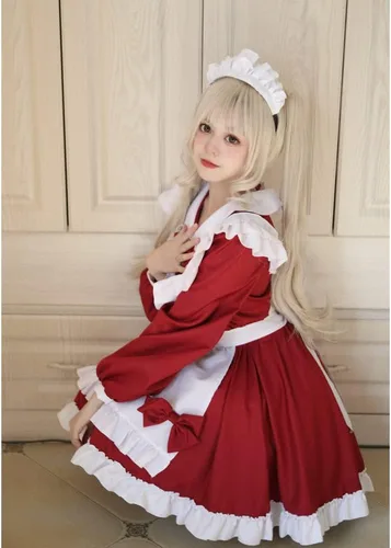 Vista 4 de WKDTWCOS Disfraz de sirvienta para mujer, talla grande, disfraz de sirvienta de Halloween, Lolita, anime japonés, delantal, vestido de sirvienta