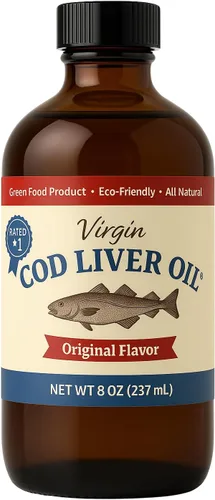 Vista 2 de Aceite de hígado de bacalao virgen, 8 onzas líquidas, natural, capturado en la naturaleza y sabor fresco, alto en vitamina D, Omega 3 DHA/EPA