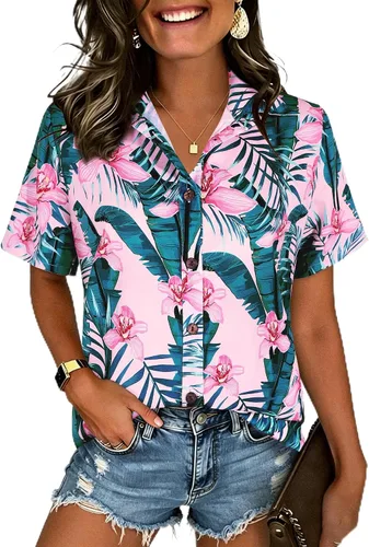 Vista 45 de LILYCHIC Camisas hawaianas de verano con botones de coco para mujer, camisas suaves con botones de manga corta A-hoja floral negra