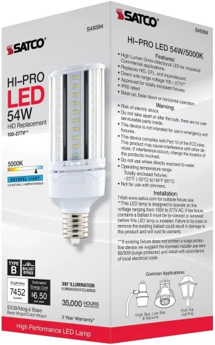 Vista 8 de Satco Bombillas LED HID de repuesto de mazorca de maíz de 54 W, 5000 K, base Mogul extendida, derivación de balasto tipo B, paquete de 2