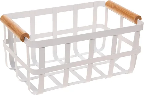 Vista 10 de Simplify Cesta de almacenamiento cuadrada de metal con asas de bambú Mediana Cesta de alambre estilo granja Organizador para el hogar Negro