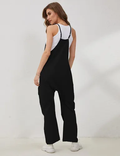 Vista 5 de Lentta Overol casual para mujer, con cuello en V, sin mangas, con tirantes elásticos y ajustables, con bolsillos