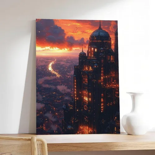 Vista 7 de XAHOR Sci-Fi Steampunk Canvas Wall Art – Cyberpunk Retro City at Dusk Canvas Poster Wall Art Decor Print Picture Paintings for Living Room Bedroom