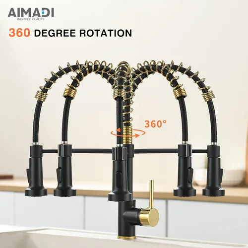 Vista 7 de AIMADI Grifo de cocina negro mate, grifo de cocina negro y dorado con rociador desplegable, grifos de fregadero comerciales de resorte con una sola